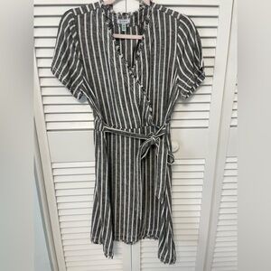 Charcoal, gray, and white striped dress, mock side tie